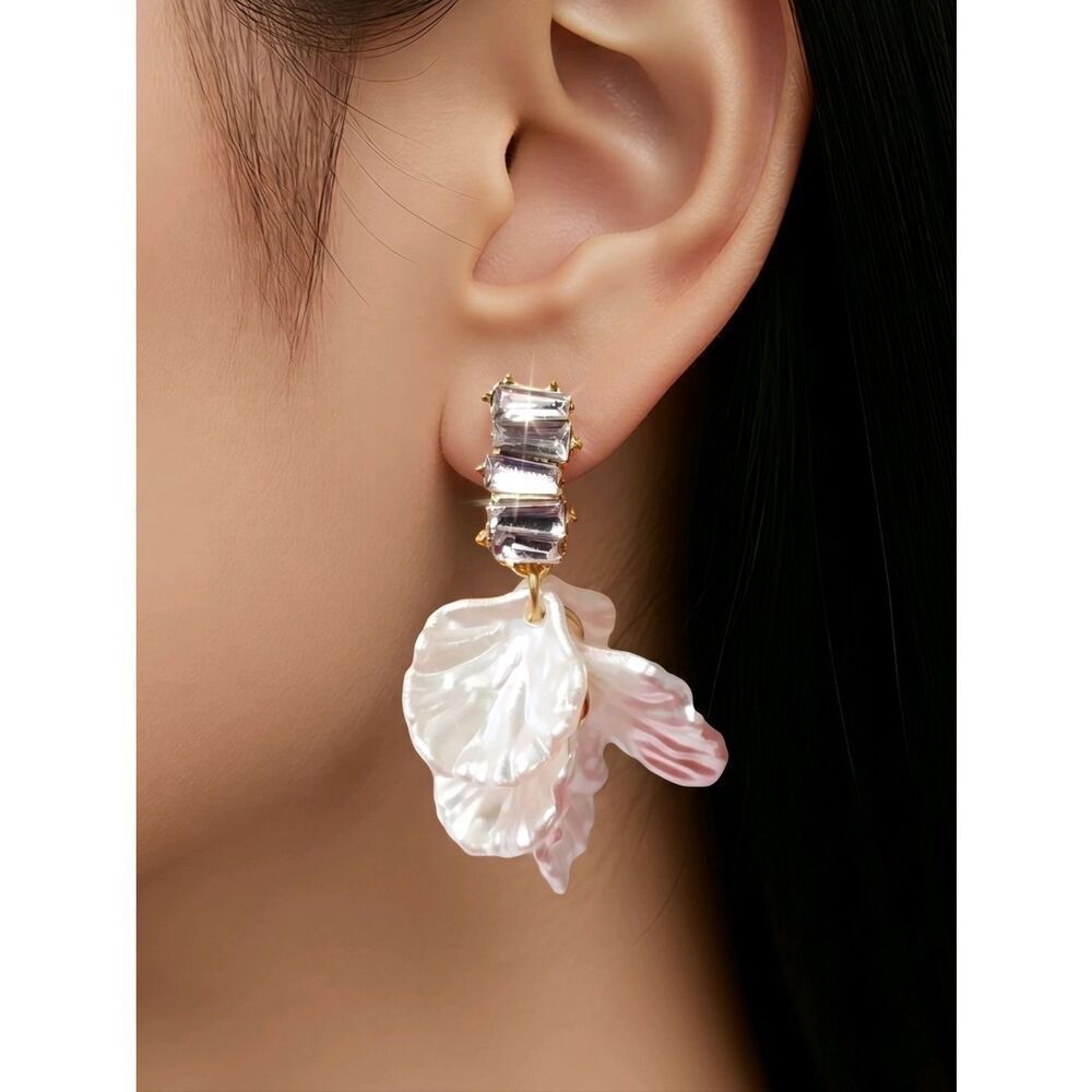 Gold Pearl Flower Earrings CZ Baguette Statement Bridal Old Money Romantic Studs
